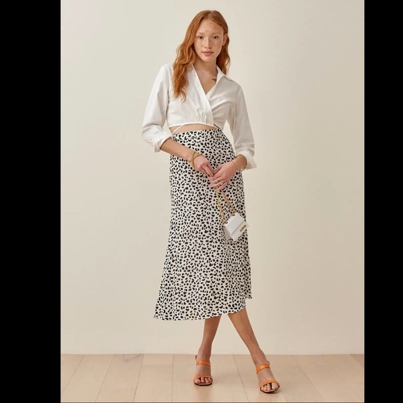 Reformation Bea Midi Skirt Ocelot Animal Print Leopard Spots Dots Black Size 6 - Picture 2 of 16